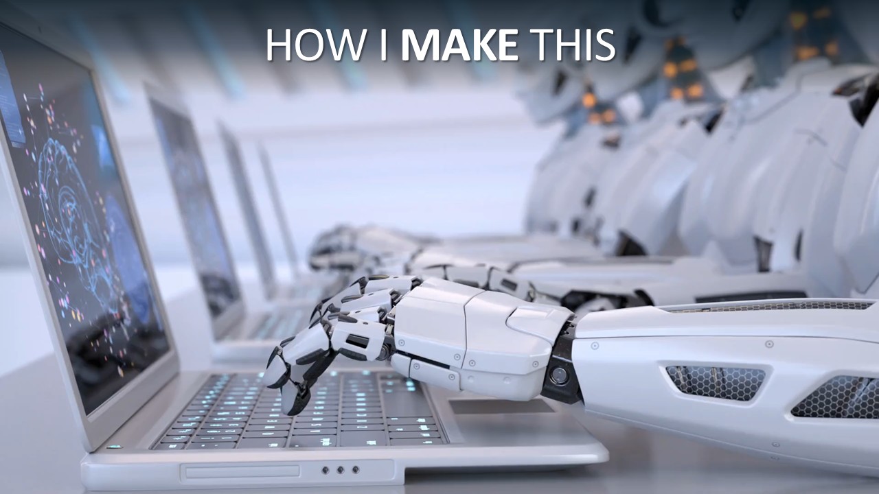 A robotic hand types on a laptop keyboard in front of a row of humanoid robots, under the title "How I Make This" — header image for Dave Coplin's essay on writing with AI.